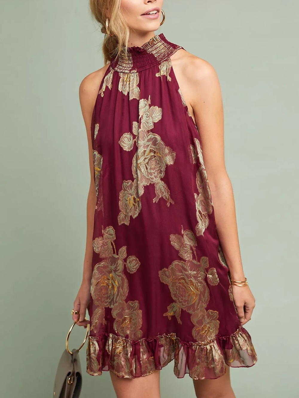 Hemant and Nandita Metallic Rose Dress Silk Halter Flounce Hem in Maroon Size 14